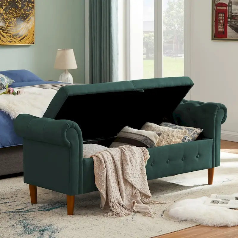 Banc de rangement pour chambre à coucher, bout de lit, pouf en lin avec accoudoirs roulés, canapé long