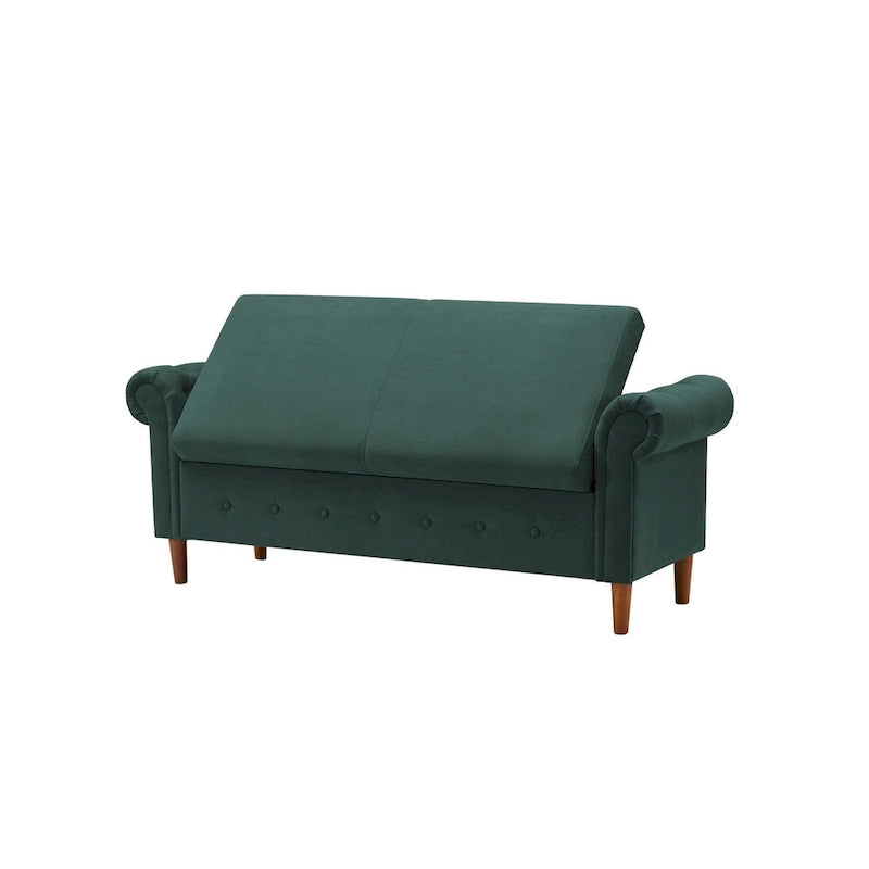 Banc de rangement pour chambre à coucher, bout de lit, pouf en lin avec accoudoirs roulés, canapé long
