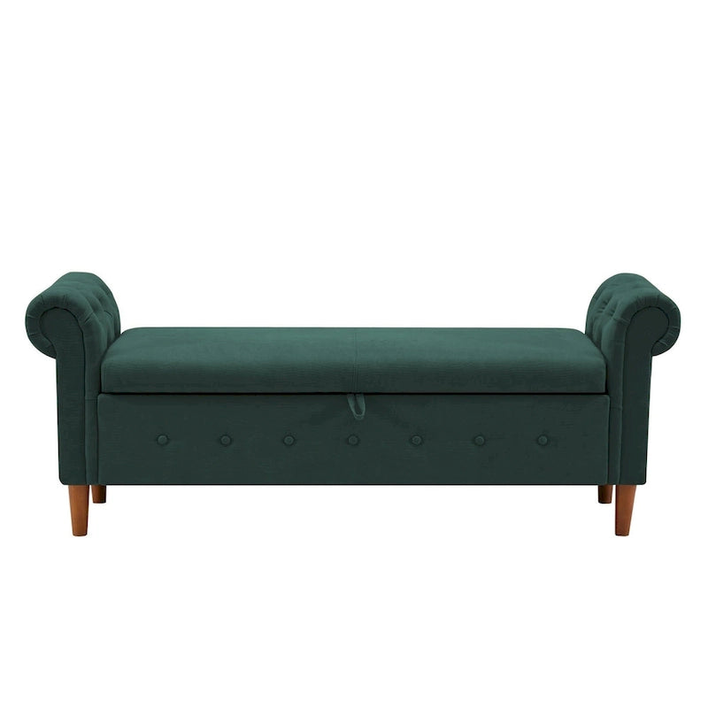 Banc de rangement pour chambre à coucher, bout de lit, pouf en lin avec accoudoirs roulés, canapé long