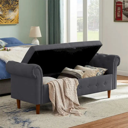Banc de rangement pour chambre à coucher, bout de lit, pouf en lin avec accoudoirs roulés, canapé long
