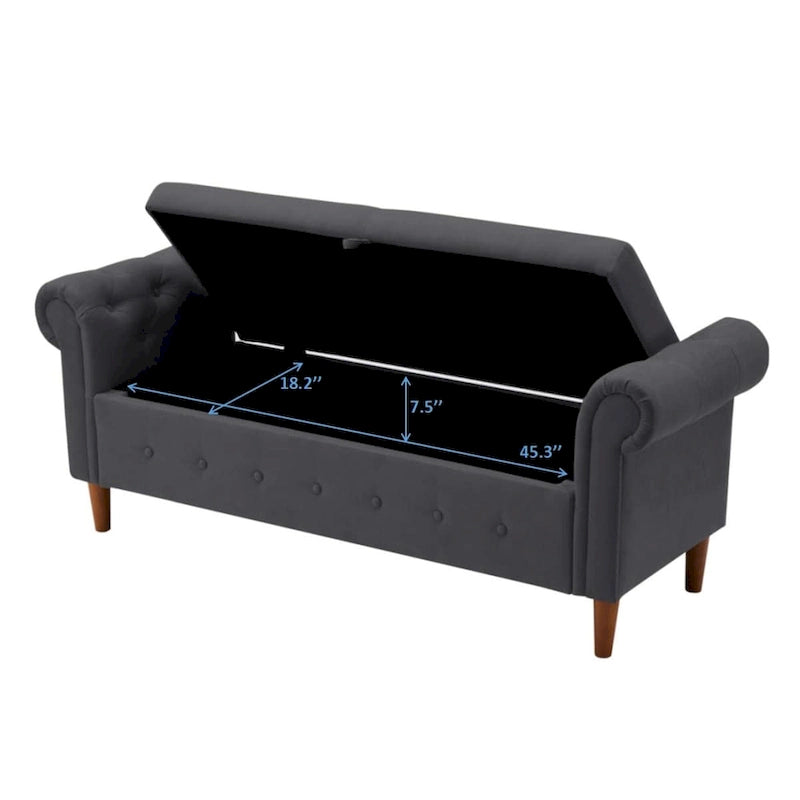 Banc de rangement pour chambre à coucher, bout de lit, pouf en lin avec accoudoirs roulés, canapé long