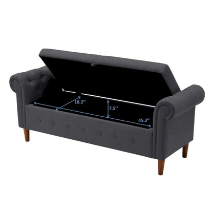 Banc de rangement pour chambre à coucher, bout de lit, pouf en lin avec accoudoirs roulés, canapé long