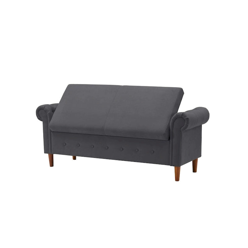 Banc de rangement pour chambre à coucher, bout de lit, pouf en lin avec accoudoirs roulés, canapé long