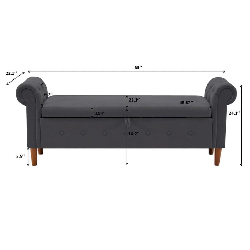 Banc de rangement pour chambre à coucher, bout de lit, pouf en lin avec accoudoirs roulés, canapé long