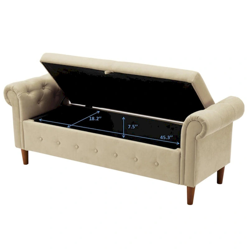 Banc de rangement pour chambre à coucher, bout de lit, pouf en lin avec accoudoirs roulés, canapé long