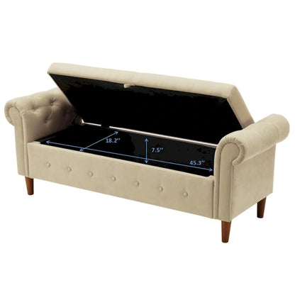 Banc de rangement pour chambre à coucher, bout de lit, pouf en lin avec accoudoirs roulés, canapé long