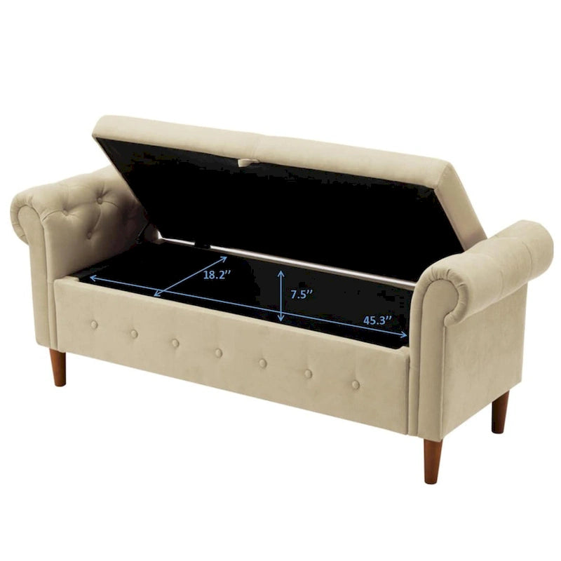 Banc de rangement pour chambre à coucher, bout de lit, pouf en lin avec accoudoirs roulés, canapé long