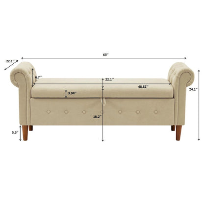 Banc de rangement pour chambre à coucher, bout de lit, pouf en lin avec accoudoirs roulés, canapé long