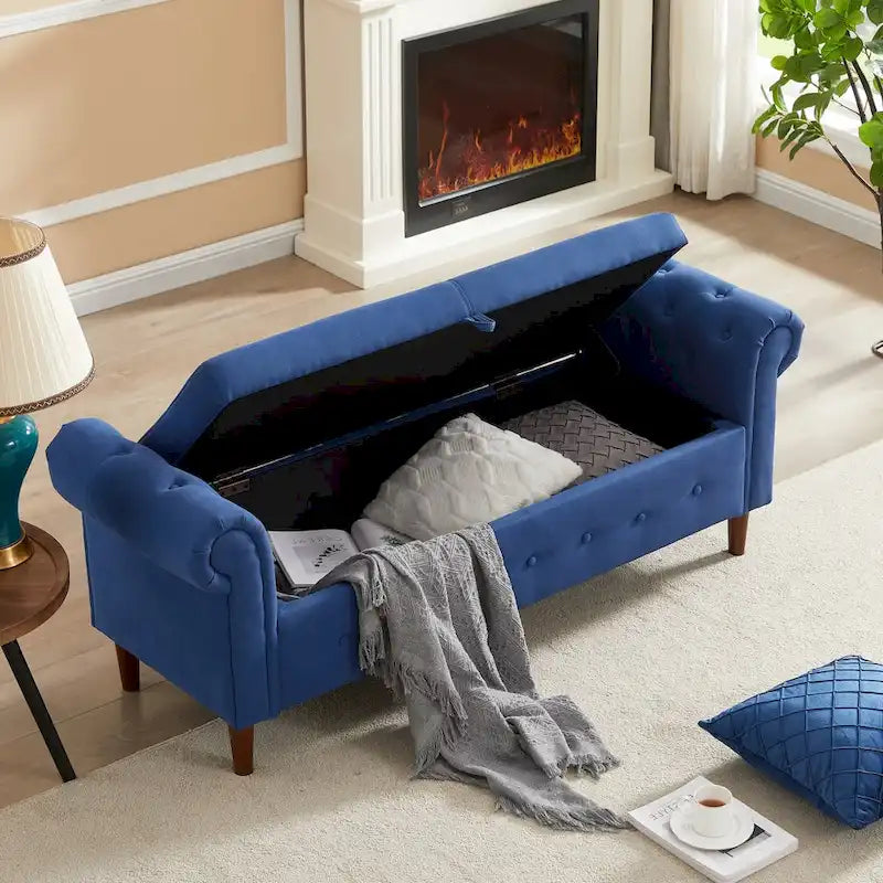 Banc de rangement pour chambre à coucher, bout de lit, pouf en lin avec accoudoirs roulés, canapé long