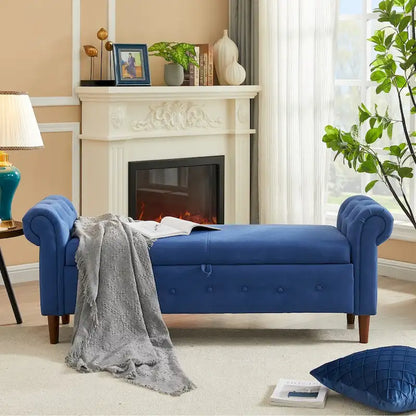 Banc de rangement pour chambre à coucher, bout de lit, pouf en lin avec accoudoirs roulés, canapé long