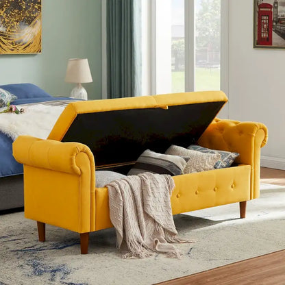 Banc de rangement pour chambre à coucher, bout de lit, pouf en lin avec accoudoirs roulés, canapé long