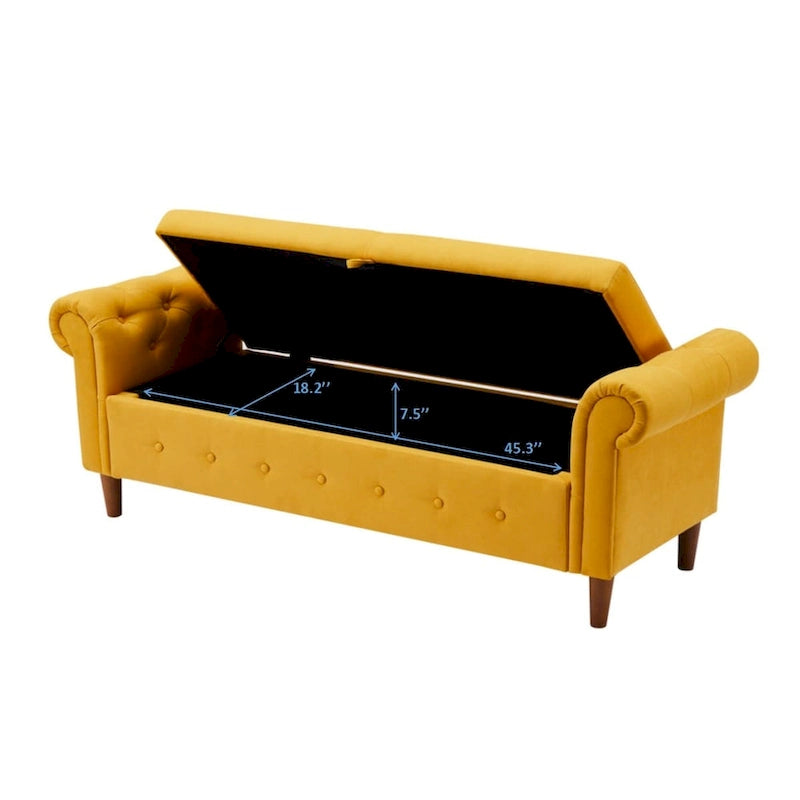 Banc de rangement pour chambre à coucher, bout de lit, pouf en lin avec accoudoirs roulés, canapé long
