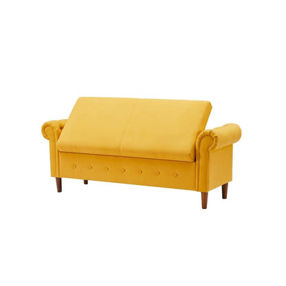 Banc de rangement pour chambre à coucher, bout de lit, pouf en lin avec accoudoirs roulés, canapé long