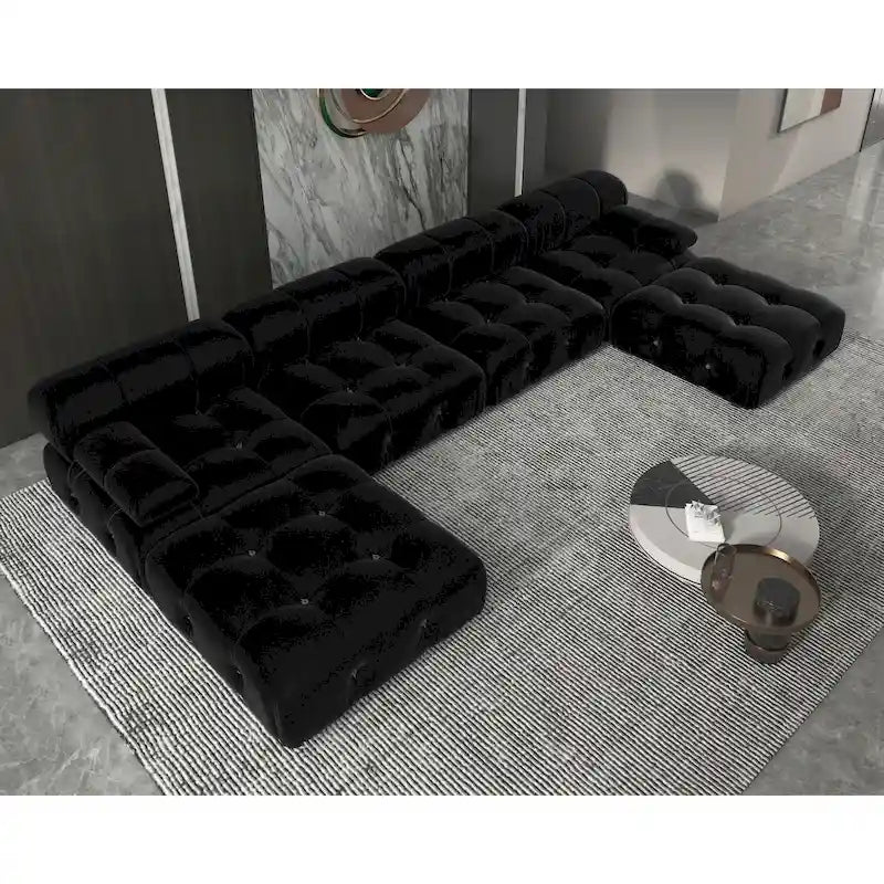 Canapé d'angle 6 pièces en velours, en forme de U, 4 places avec 2 poufs