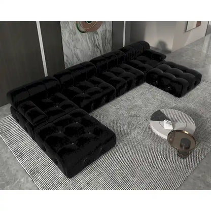 Canapé d'angle 6 pièces en velours, en forme de U, 4 places avec 2 poufs