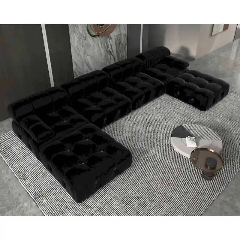 Canapé d'angle 6 pièces en velours, en forme de U, 4 places avec 2 poufs