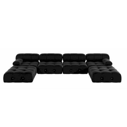 Canapé d'angle 6 pièces en velours, en forme de U, 4 places avec 2 poufs