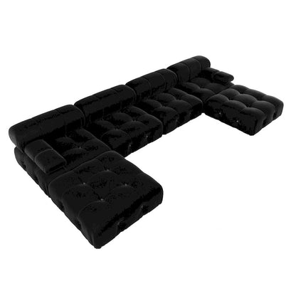 Canapé d'angle 6 pièces en velours, en forme de U, 4 places avec 2 poufs