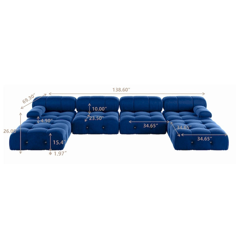 Canapé d'angle 6 pièces en velours, en forme de U, 4 places avec 2 poufs