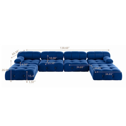 Canapé d'angle 6 pièces en velours, en forme de U, 4 places avec 2 poufs