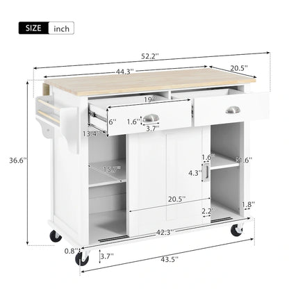 Chariot de cuisine avec comptoir rabattable en bois d'hévéa, hauteur réglable et rangement dissimulé sous porte coulissante de style grange