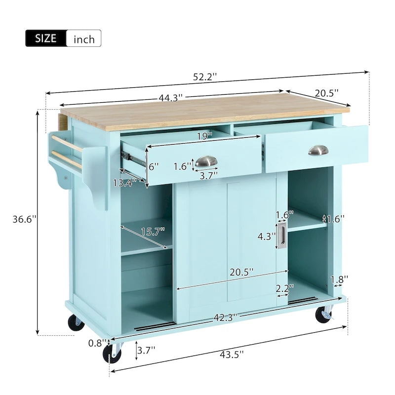 Chariot de cuisine avec comptoir rabattable en bois d'hévéa, hauteur réglable et rangement dissimulé sous porte coulissante de style grange