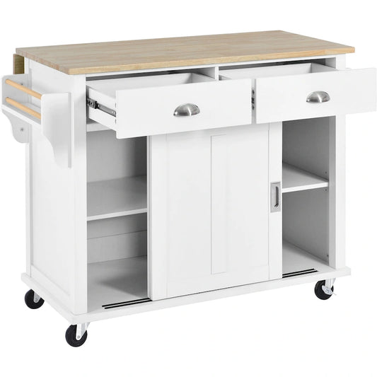 Chariot de cuisine avec comptoir rabattable en bois d'hévéa, hauteur réglable et rangement dissimulé sous porte coulissante de style grange