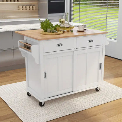 Chariot de cuisine avec comptoir rabattable en bois d'hévéa, hauteur réglable et rangement dissimulé sous porte coulissante de style grange