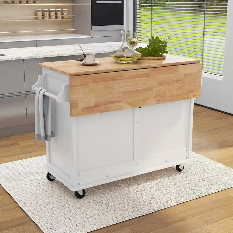 Chariot de cuisine avec comptoir rabattable en bois d'hévéa, hauteur réglable et rangement dissimulé sous porte coulissante de style grange