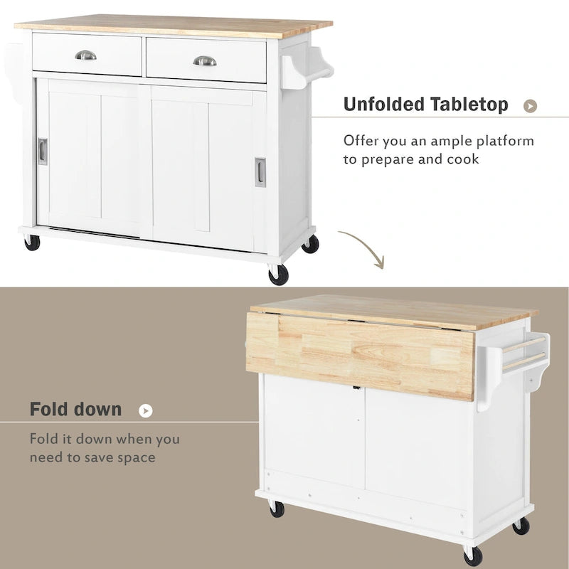 Chariot de cuisine avec comptoir rabattable en bois d'hévéa, hauteur réglable et rangement dissimulé sous porte coulissante de style grange