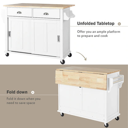 Chariot de cuisine avec comptoir rabattable en bois d'hévéa, hauteur réglable et rangement dissimulé sous porte coulissante de style grange