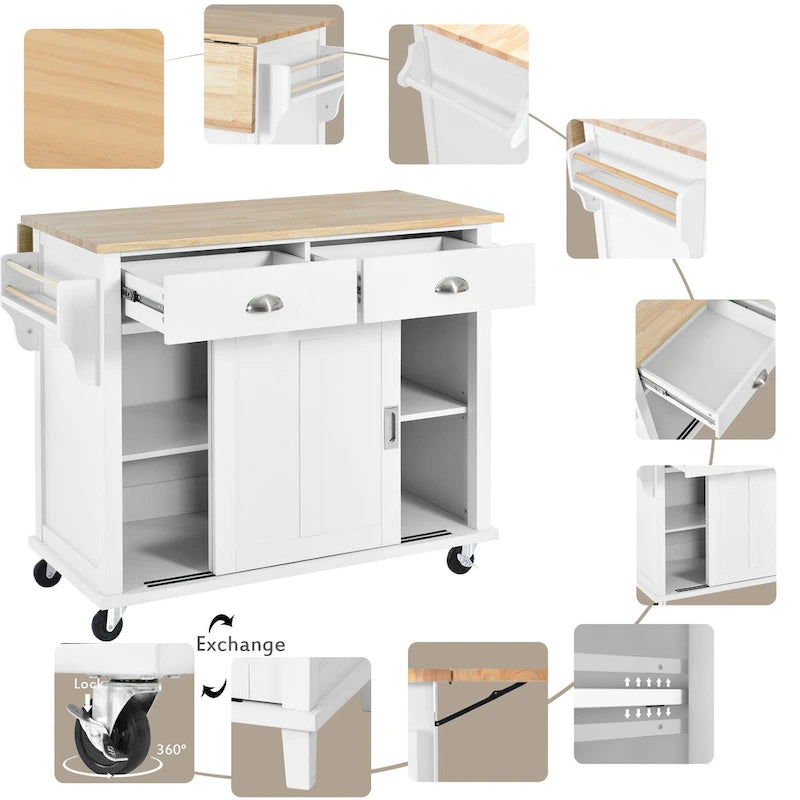 Chariot de cuisine avec comptoir rabattable en bois d'hévéa, hauteur réglable et rangement dissimulé sous porte coulissante de style grange