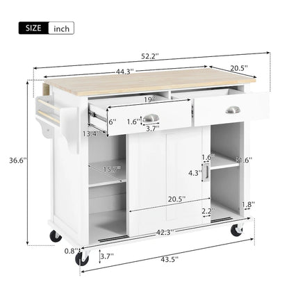Chariot de cuisine avec comptoir rabattable en bois d'hévéa, hauteur réglable et rangement dissimulé sous porte coulissante de style grange