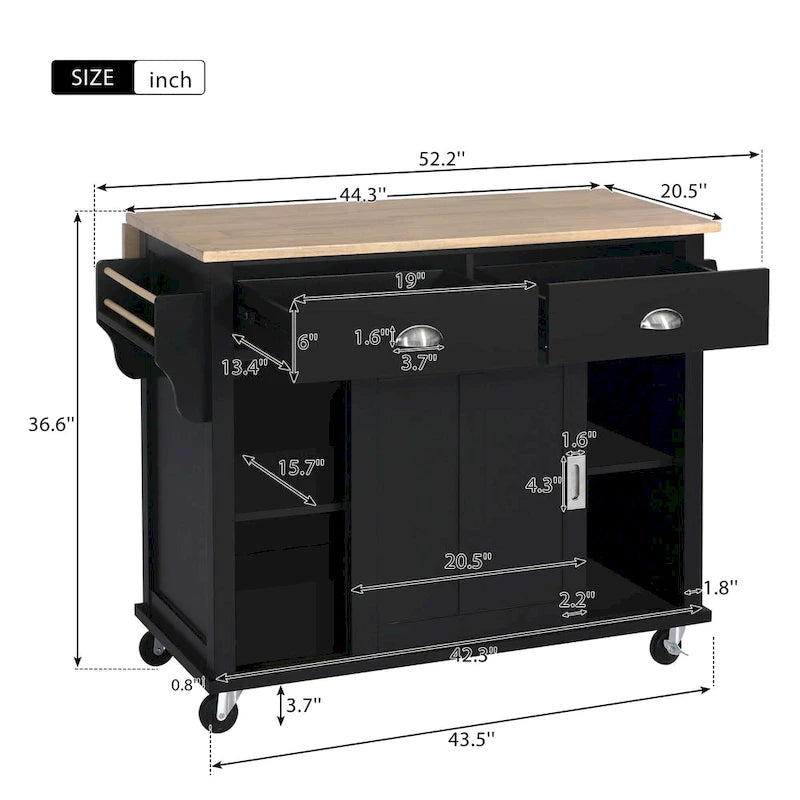 Chariot de cuisine avec comptoir rabattable en bois d'hévéa, hauteur réglable et rangement dissimulé sous porte coulissante de style grange