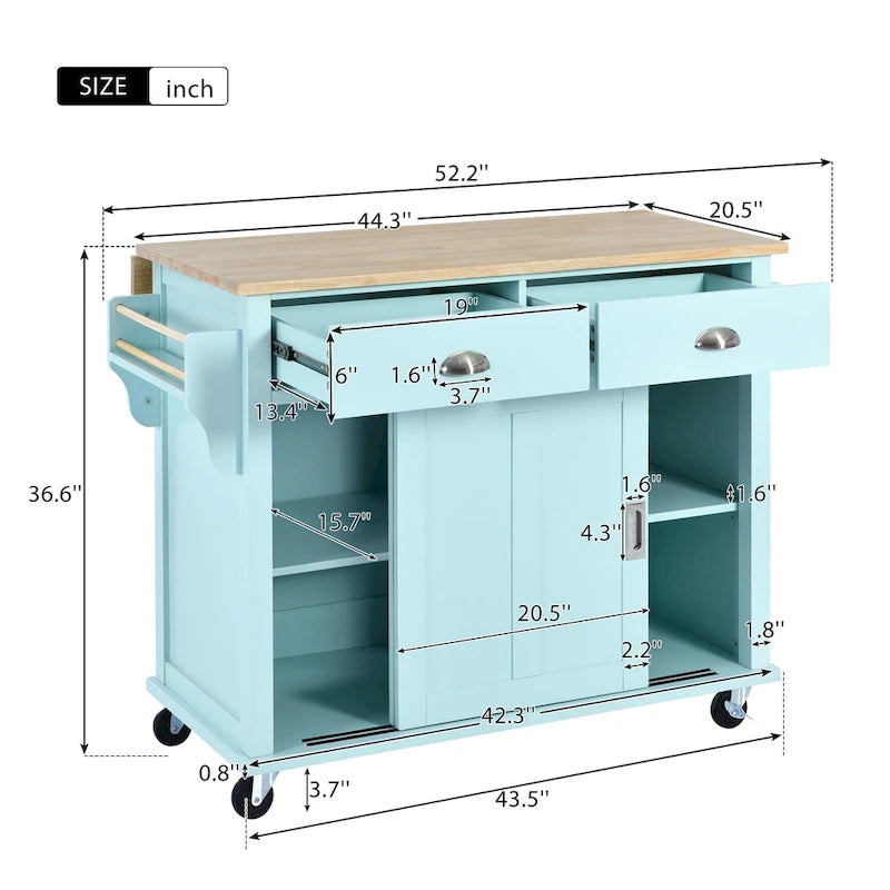 Chariot de cuisine avec comptoir rabattable en bois d'hévéa, hauteur réglable et rangement dissimulé sous porte coulissante de style grange