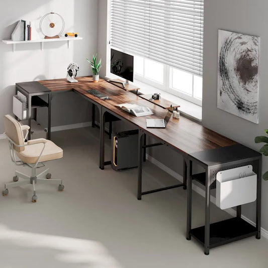 Bureau d'ordinateur en L de 60 pouces avec support pour écran et étagère de rangement, idéal pour la maison, le travail ou l'écriture à domicile.