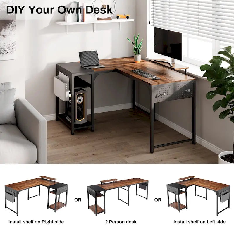 Bureau d'ordinateur en L de 60 pouces avec support pour écran et étagère de rangement, idéal pour la maison, le travail ou l'écriture à domicile.