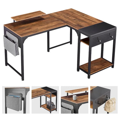 Bureau d'ordinateur en L de 60 pouces avec support pour écran et étagère de rangement, idéal pour la maison, le travail ou l'écriture à domicile.