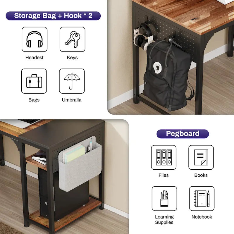 Bureau d'ordinateur en L de 60 pouces avec support pour écran et étagère de rangement, idéal pour la maison, le travail ou l'écriture à domicile.