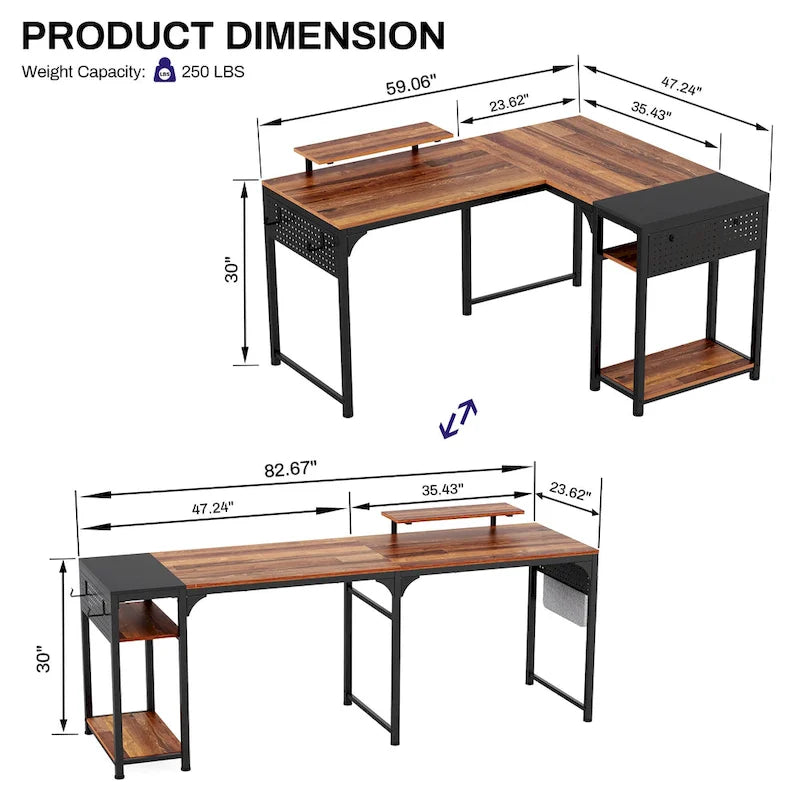 Bureau d'ordinateur en L de 60 pouces avec support pour écran et étagère de rangement, idéal pour la maison, le travail ou l'écriture à domicile.