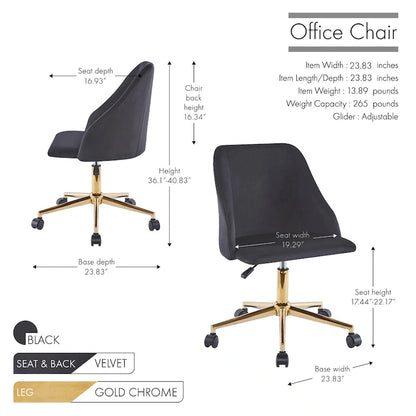 Fauteuil de bureau pivotant Porthos Home Ryo, velours, pieds chromés dorés