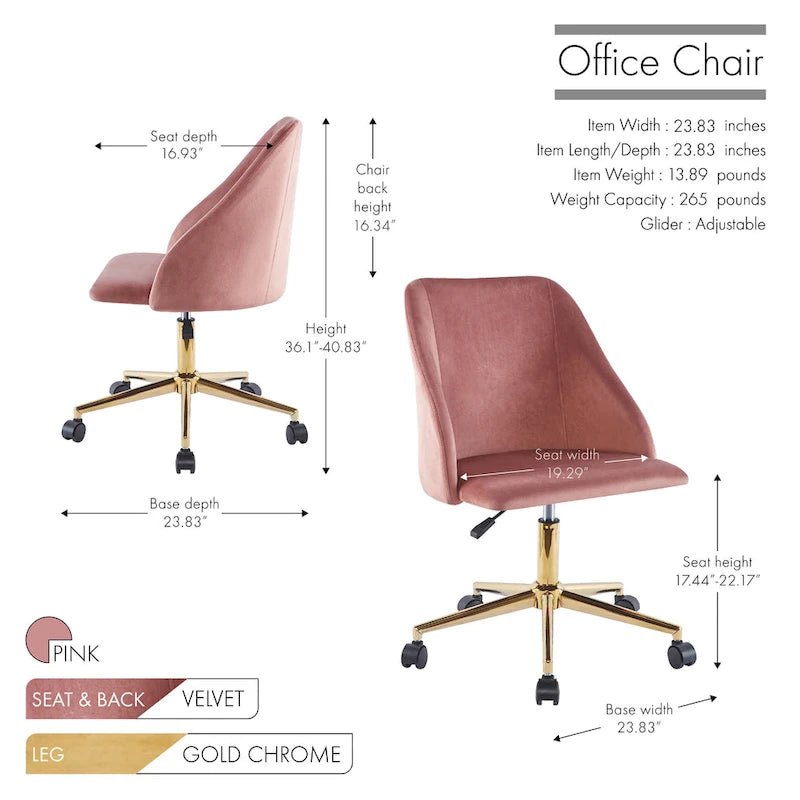 Fauteuil de bureau pivotant Porthos Home Ryo, velours, pieds chromés dorés