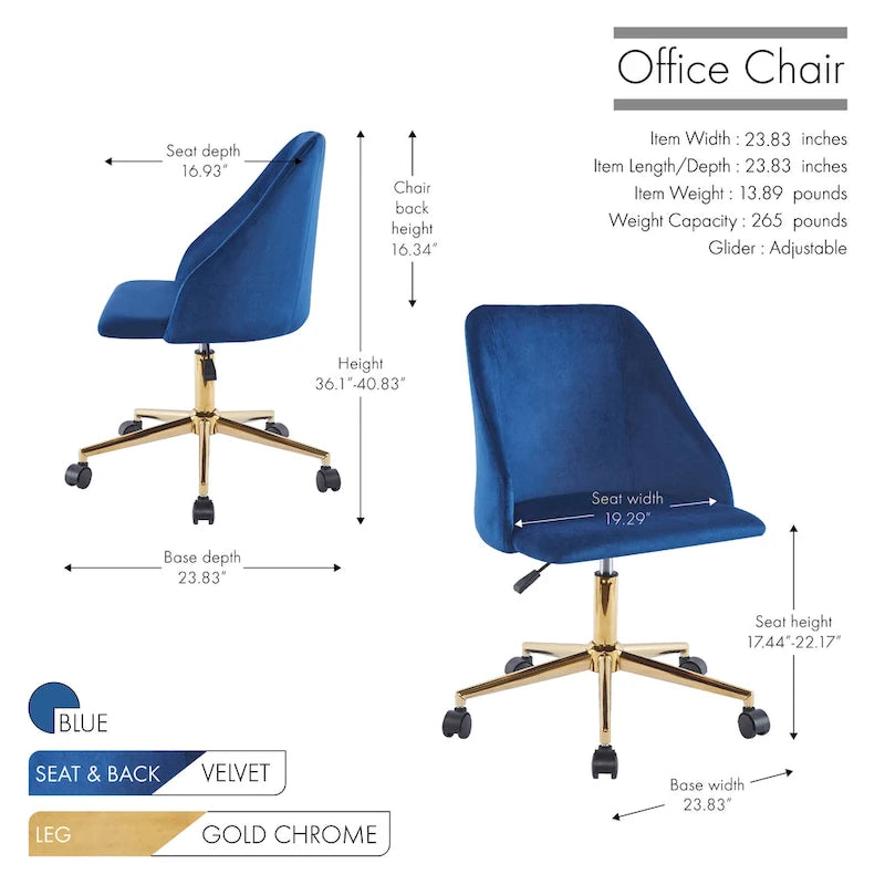 Fauteuil de bureau pivotant Porthos Home Ryo, velours, pieds chromés dorés