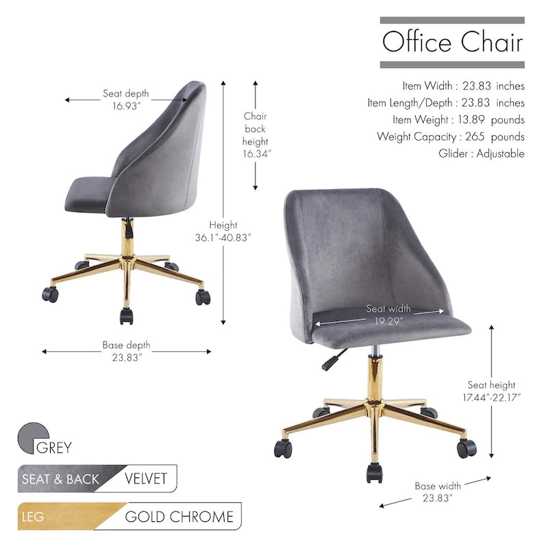 Fauteuil de bureau pivotant Porthos Home Ryo, velours, pieds chromés dorés
