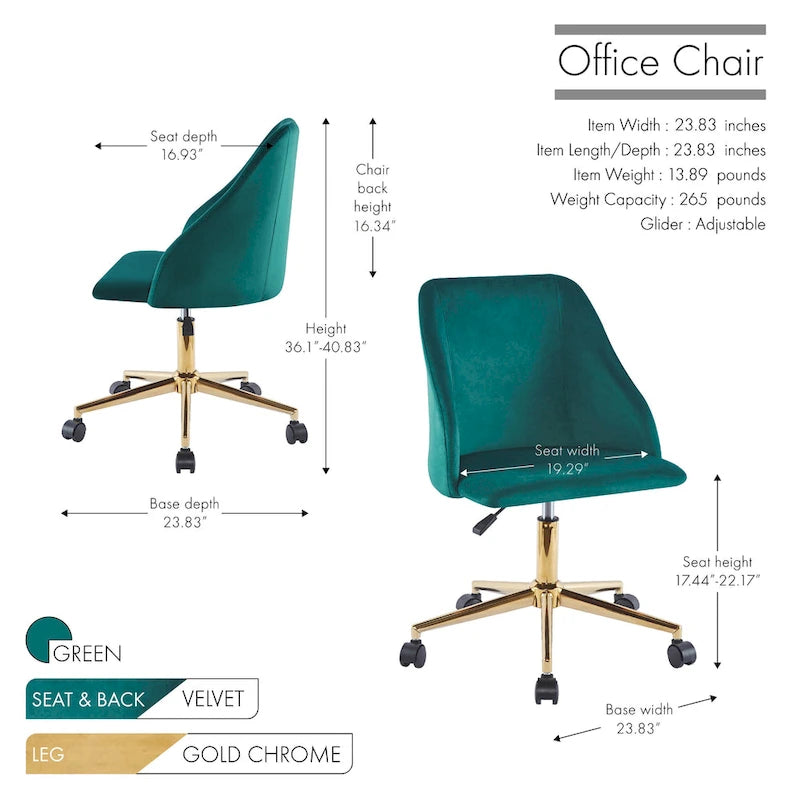 Fauteuil de bureau pivotant Porthos Home Ryo, velours, pieds chromés dorés