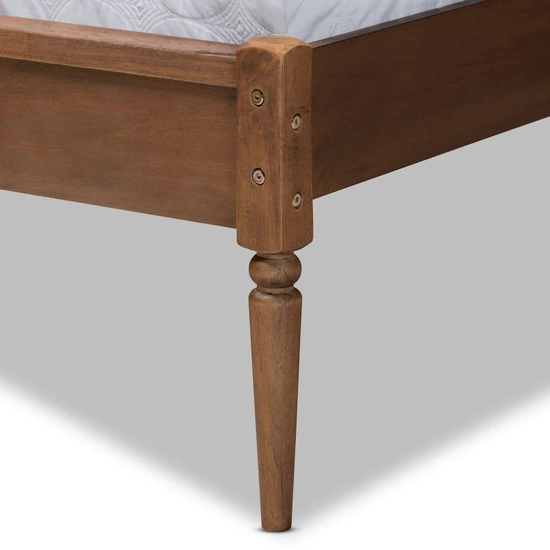 Lit plateforme Elston en rotin synthétique et bois, style moderne du milieu du siècle - Noyer