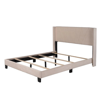 Lit plateforme rembourré en velours, format queen, sommier requis
