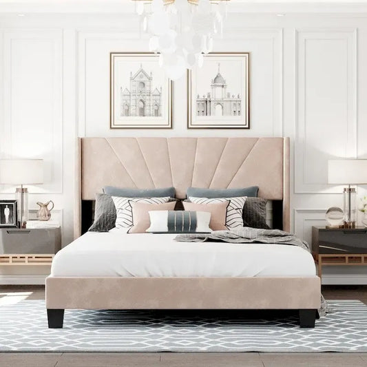 Lit plateforme rembourré en velours, format queen, sommier requis