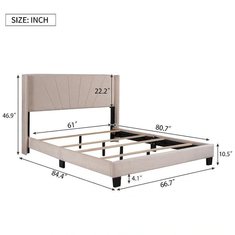 Lit plateforme rembourré en velours, format queen, sommier requis
