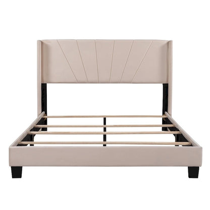 Lit plateforme rembourré en velours, format queen, sommier requis